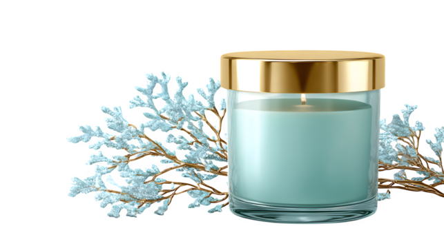 Teal candle with golden lid and coral branches, isolated on transparent background