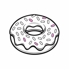 Stylized black and white vector illustration of a sweet frosted donut with colorful pink sprinkles, a classic bakery treat perfect for celebrating joy and indulging in a delicious dessert