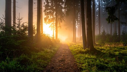 Sun peeks through a foggy forest path lined with tall trees, creating a mystical, ethereal glow at sunrise or sunset