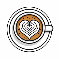 Charming hand-drawn illustration of a warm coffee beverage featuring beautiful heart latte art in a classic white cup and saucer, viewed from above, symbolizing comfort and affection