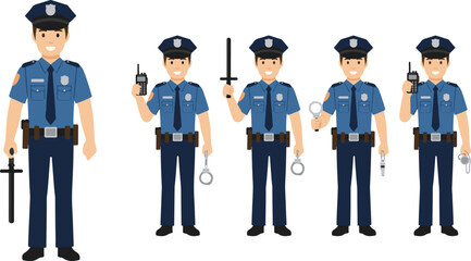 Set of a police officer character in various poses with professional equipment. Law enforcement vector illustration collection