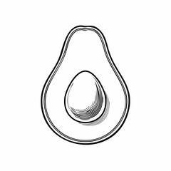 Minimalist black and white line art illustration of a sliced avocado with its seed, an icon for healthy food and vegan lifestyle concepts