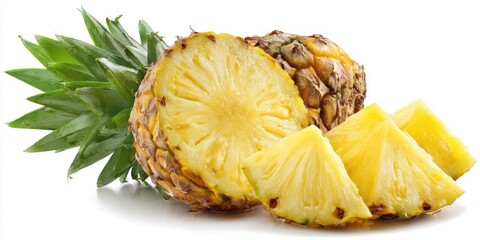 A halved pineapple with three cut wedges, showcasing its vibrant yellow flesh and spiky green crown, isolated on a pure white background