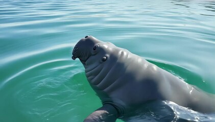 Manatee surfacing gently to breathe near shore 
