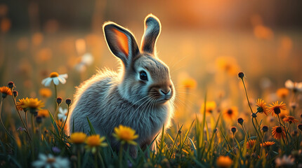 A Captivating Collection of Fluffy Rabbits and Bunnies, Bathed in the Warm Light of Golden Sunsets in Wildflower Meadows
