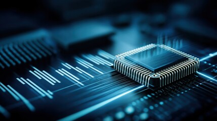 Close-up of a cpu chip glowing above a bar graph representing data analysis and artificial intelligence computational power
