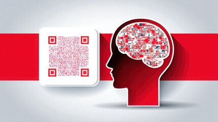 Human head featuring a qr code design representing the emergence of artificial intelligence icons and digital identity concepts
