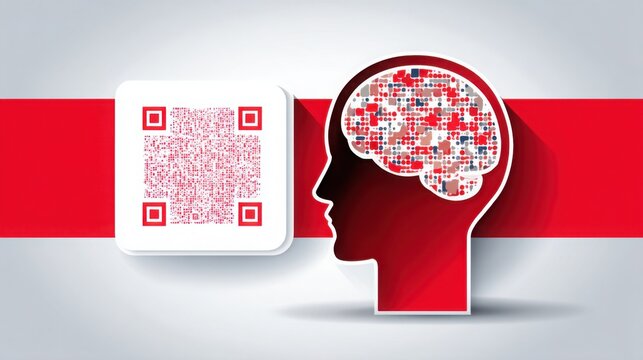 Human head featuring a qr code design representing the emergence of artificial intelligence icons and digital identity concepts