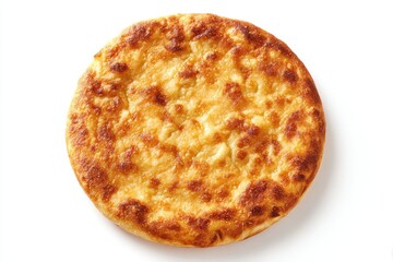 A golden-brown, round flatbread, possibly cheese-based, with a slightly crisp texture and irregular surface, shown against a pure white background