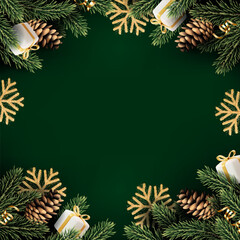 Christmas and New Year background with fir trees and cones.