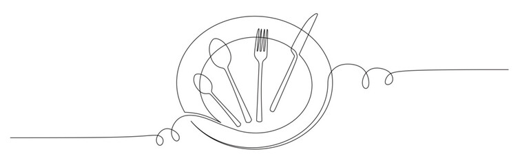 Continuous line art of a tableware set consisting of a plate, fork, spoon, and knife. This icon is for a restaurant sticker or banner. Vector illustration