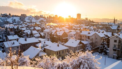 Snowy residential area at dawn, sun setting over buildings, landscape dusted with snow. Houses, trees, and cityscape