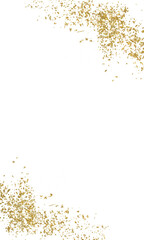 Golden foil vertical png frame. Glitter Golden stroke on transparent background. Festive background with gold glitter and confetti for celebration with glowing golden particles.