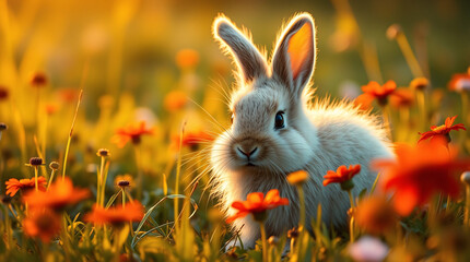 A Cuddly Baby Rabbit with Fluffy Fur Is Bathed in Golden Sunlight in a Field of Vibrant Orange Wildflowers