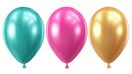 Three glossy balloons in teal, pink, and gold