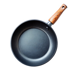 A top down view of a frying pan with black non stick surface and wooden handle on black background