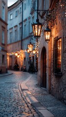 Obraz premium Charming Evening Stroll: Cobblestone Lane with Lantern Glow