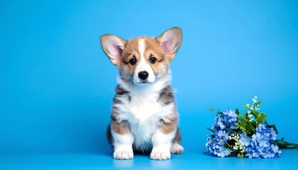 Adorable puppy sitting, blue background, flowers