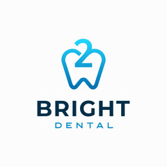 Number 2 Dental Clinic Logo Tooth abstract design vector template Linear style. Dentist stomatology medical doctor Logotype concept icon © Lucky Luck