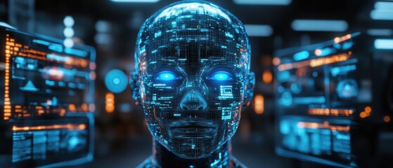 AI Face with Data Screens The Future of Information Processing and Analysis