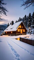 Fototapeta premium Snowy cabin at twilight