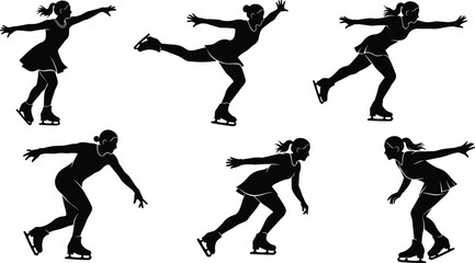 Female figure skater silhouettes performing ice skating moves, elegant poses, winter sport, athleticism, balance, grace, speed on ice