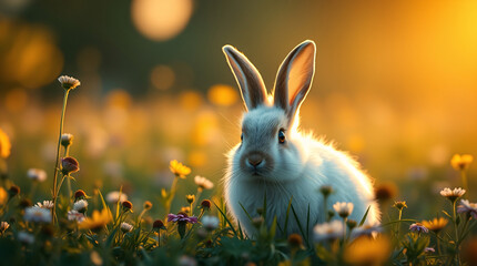 A Pure White Bunny Bathed in a Golden Glow Sits in a Colorful and Lush Meadow at Sunset