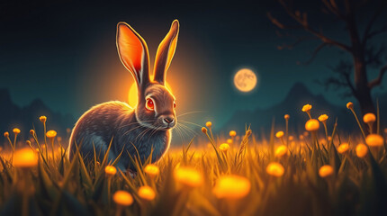 A Magical Rabbit with Glowing Red Eyes and Ears Sits in a Luminous Field of Flowers Under the Moonlight