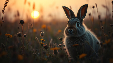 A Majestic Rabbit Silhouetted by the Sun Looks on from a Field of Tall Grass and Wildflowers at Sunset