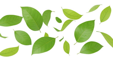 A collection of fresh green leaves of various sizes and shapes scattered and floating on a clean white background.