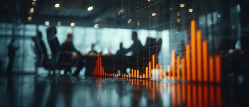 Business Meeting with Financial Chart Overlay in a Modern Conference Room