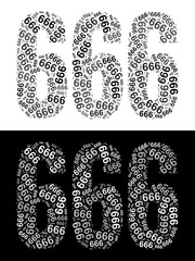 Typography illustration of 666 made from repeating numbers in black and white