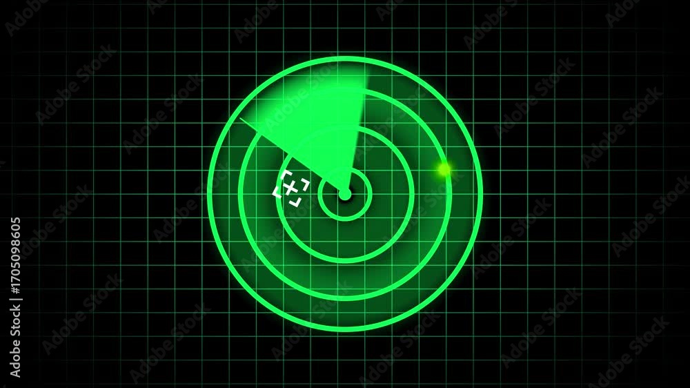 Poster animated green radar screen with scanning sweep and target icon displaying information. green radar 