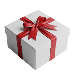 Obraz premium White square gift box with neat red ribbon and bow, isolated on clean background as festive holiday present, celebration and decorative packaging concept