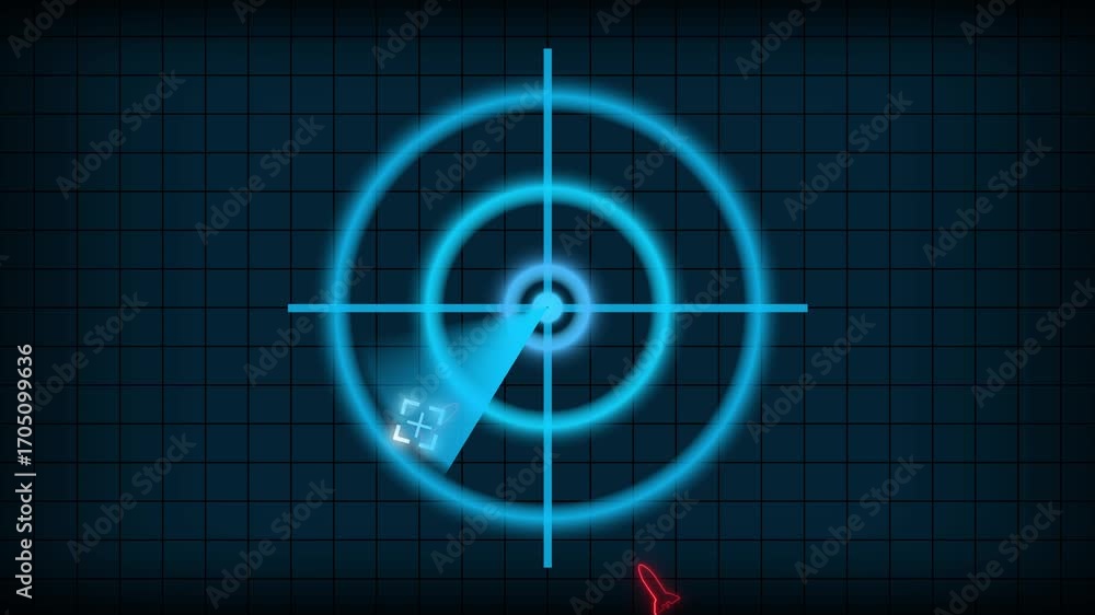 Poster animated radar screen with futuristic graphics detecting a rocket and aircraft. tech radar animation