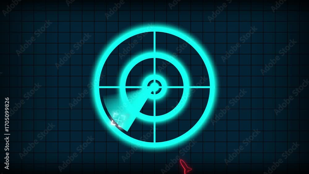 Poster animated radar screen tracking moving targets in futuristic military environment. glowing blue radar