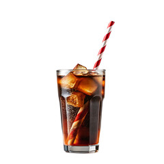A glass of cola with ice cubes and a red and white striped straw against a black background studio shot
