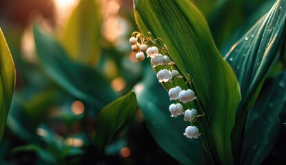 Obraz premium Sunlight highlights delicate lily-of-the-valley blooms
