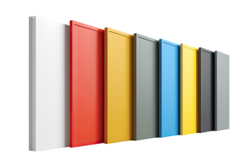 A row of colorful rectangular panels, various solid hues