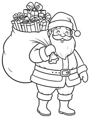 Santa Claus vector illustration of jolly character carrying a large sack filled with wrapped gift boxes drawn in clean cartoon style for holiday projects