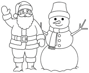Santa Claus vector illustration of jolly character standing next to a snowman with scarf and hat drawn in clean cartoon style for cheerful holiday seasonal design