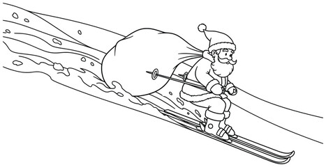 Santa Claus vector illustration of jolly character skiing downhill with a large sack of presents on his back drawn in festive cartoon style for cheerful seasonal holiday design
