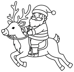 Santa Claus vector illustration of jolly character riding a reindeer with reins drawn in festive cartoon style for cheerful seasonal holiday design and traditional Christmas theme
