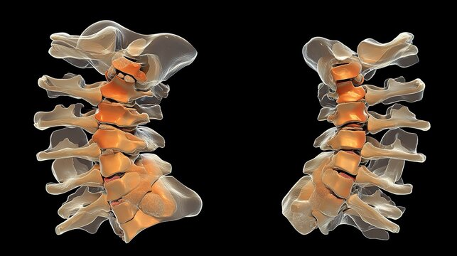 Spine anatomy illustration depicting vertebrae misalignment and its potential impact on posture - Powered by Adobe