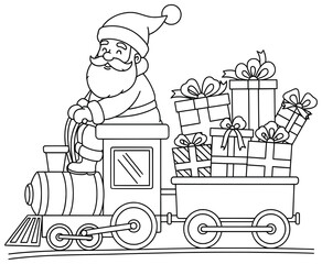 Santa Claus vector illustration of a cheerful character driving a festive train engine pulling a wagon stacked with Christmas presents drawn in holiday cartoon style