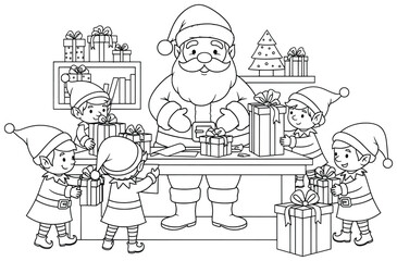 Santa Claus vector illustration of a festive Christmas workshop scene showing Santa surrounded by cheerful elves wrapping and preparing gifts with boxes and ribbons