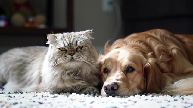 A grumpy-faced fluffy cat and a gentle Golden Retriever dog resting peacefully side by side on a cozy carpet