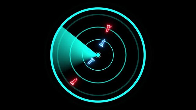 Animated radar displaying targets with neon style on a black background. Animated military radar. Tracking aircraft in dark surveillance theme. . Radar scanning aircraft in stealth mode.