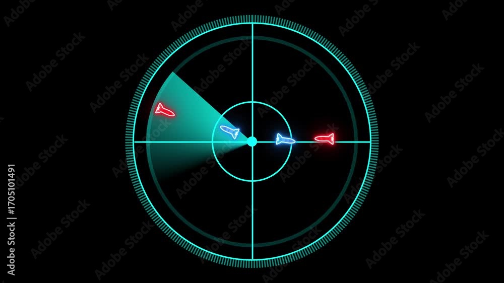 Leinwandbilder animated neon radar with missile icons displaying missile detection on black background. real-time r