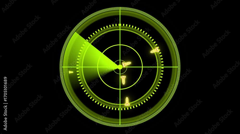 Poster animated green radar screen with tracking incoming aircraft and enemy movements on black background.